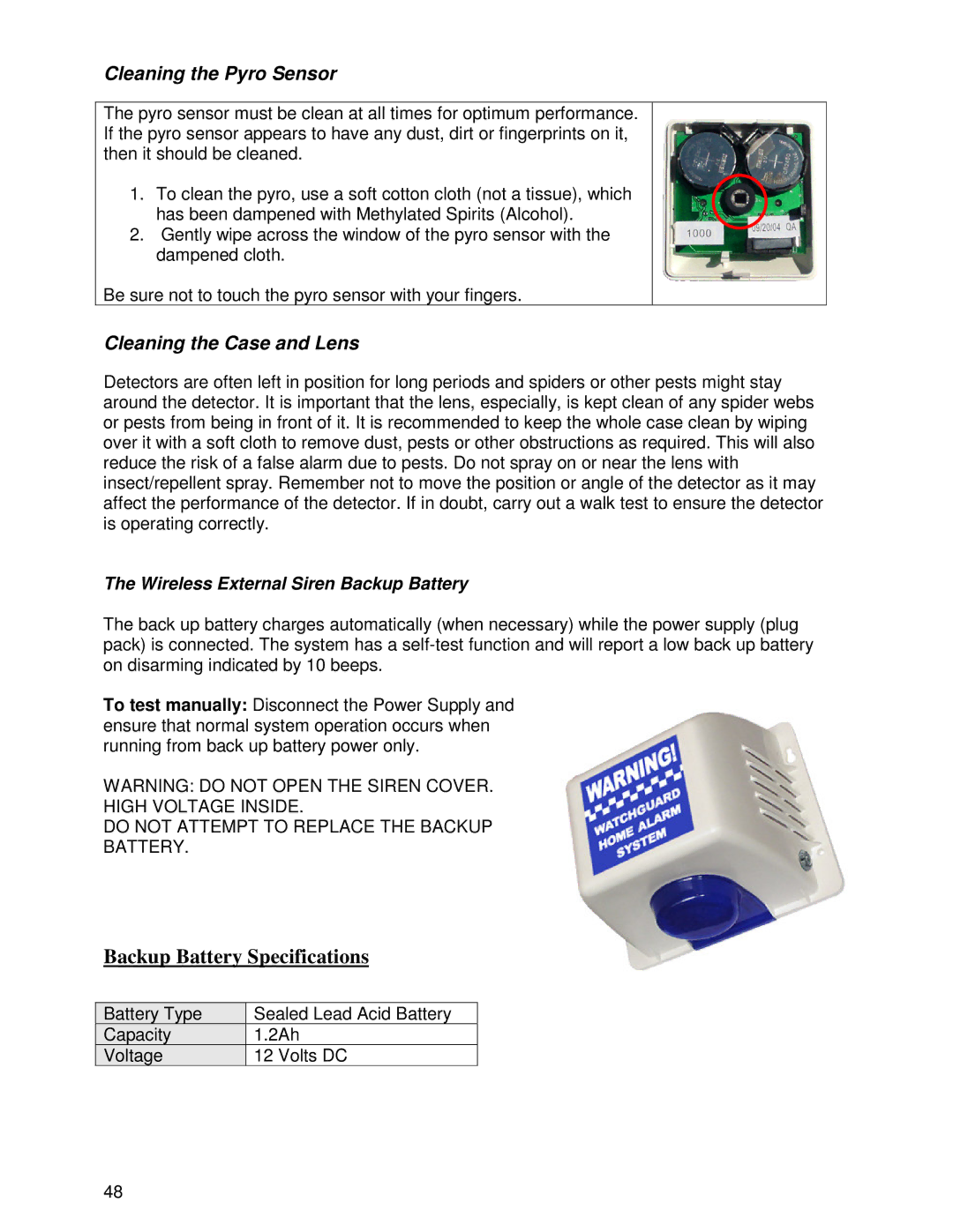 Ironman Fitness V2 Cleaning the Pyro Sensor, Cleaning the Case and Lens, Wireless External Siren Backup Battery 