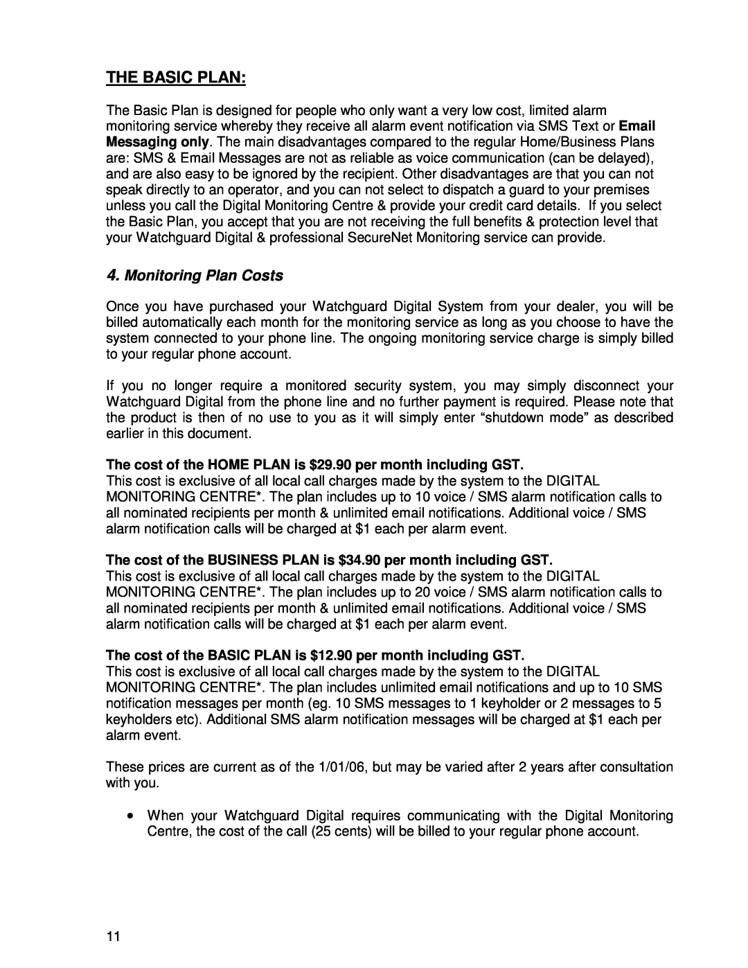 Ironman Fitness V2 instruction manual The Basic Plan, Monitoring Plan Costs 