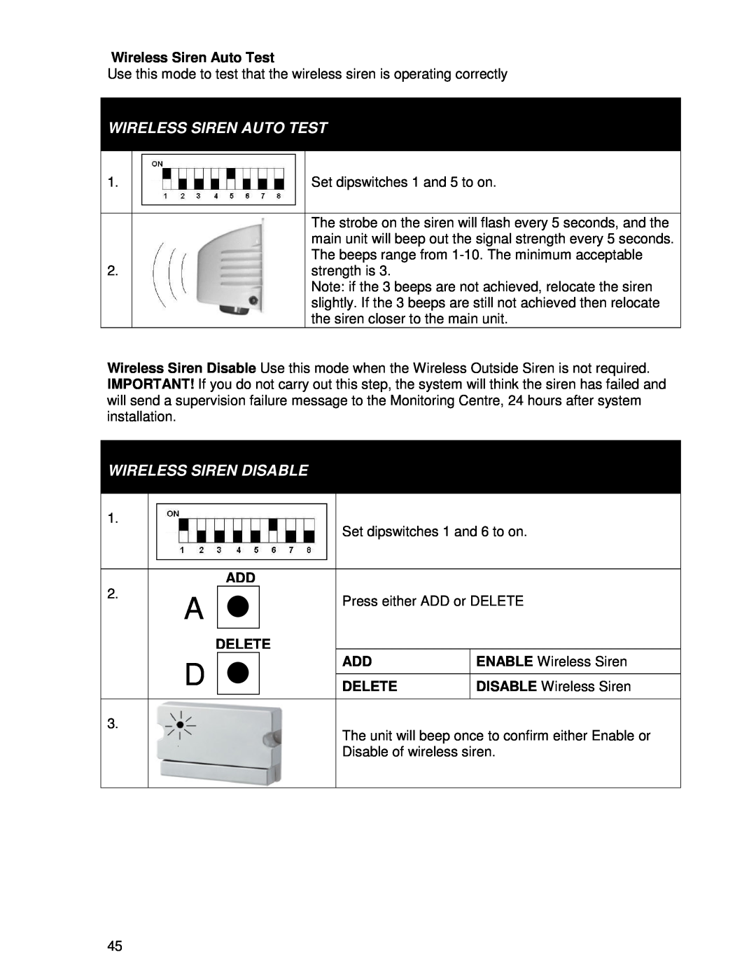 Ironman Fitness V2 instruction manual Wireless Siren Auto Test, Wireless Siren Disable, Delete 