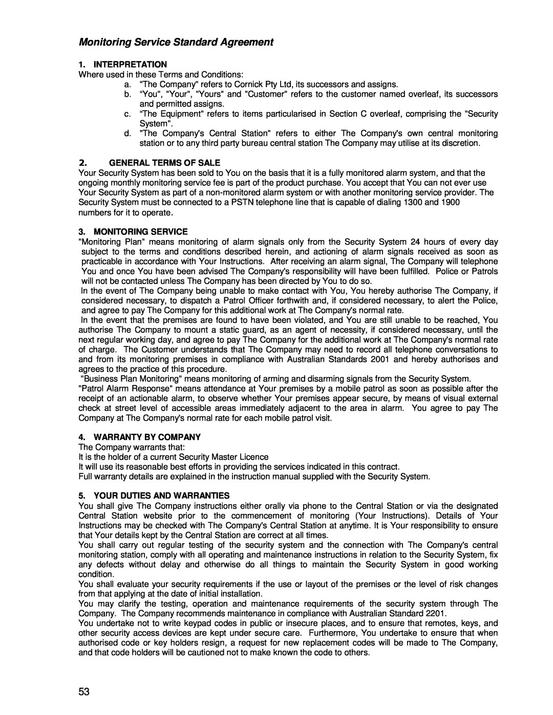 Ironman Fitness V2 instruction manual Monitoring Service Standard Agreement, Interpretation, General Terms Of Sale 