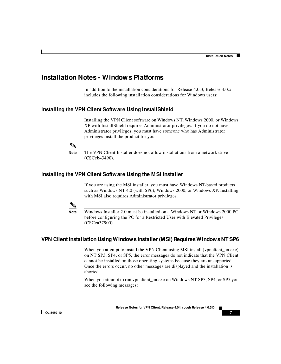 ISEKI OL-5450-10 manual Installation Notes Windows Platforms, Installing the VPN Client Software Using InstallShield 