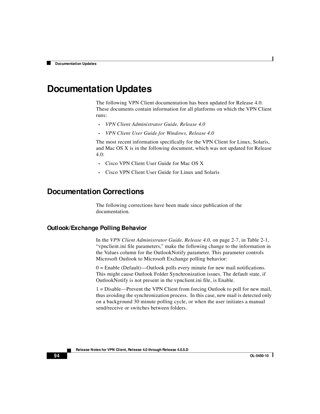 ISEKI OL-5450-10 manual Documentation Updates, Documentation Corrections, Outlook/Exchange Polling Behavior 