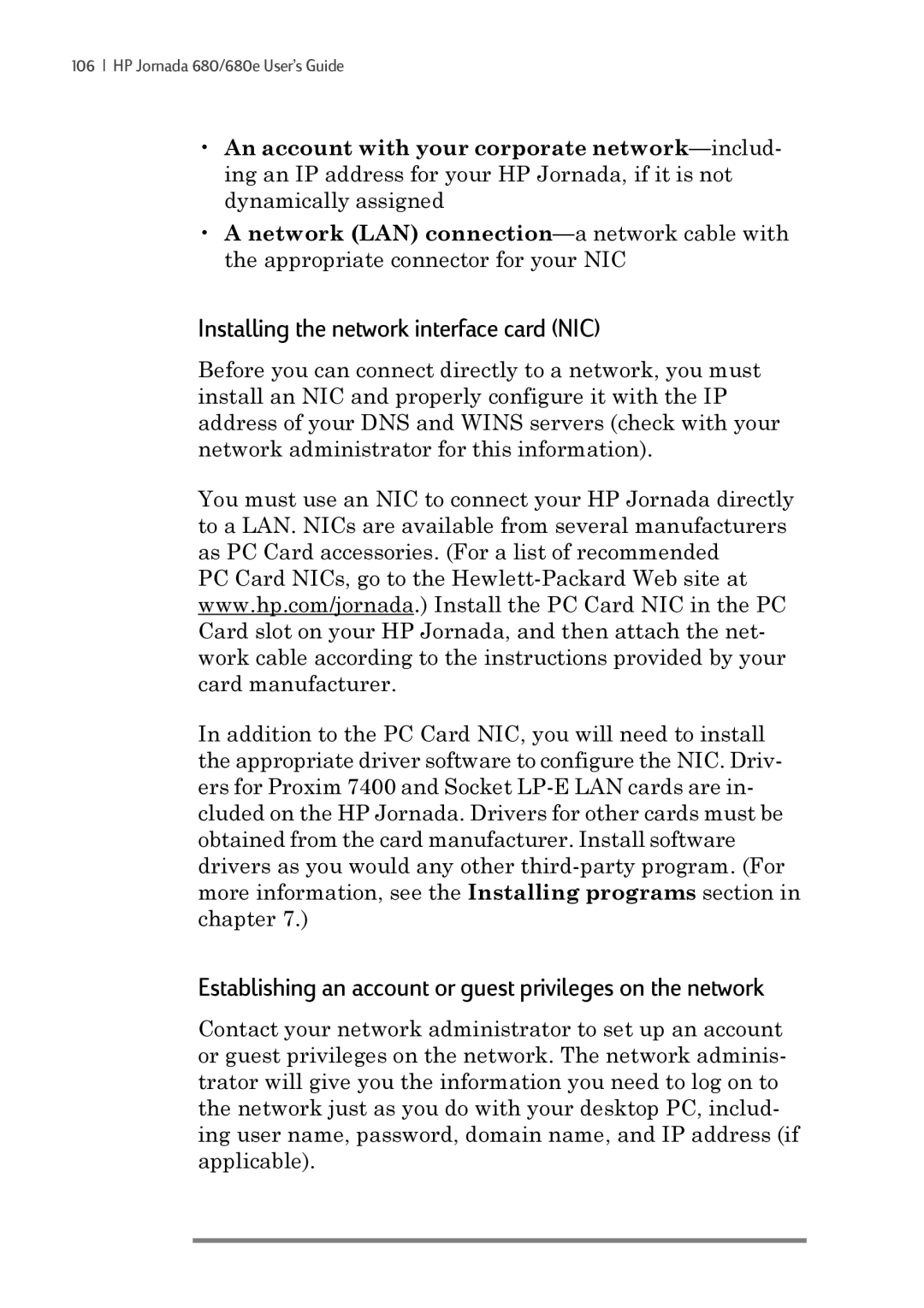 iSimple 680/680e Installing the network interface card NIC, Establishing an account or guest privileges on the network 