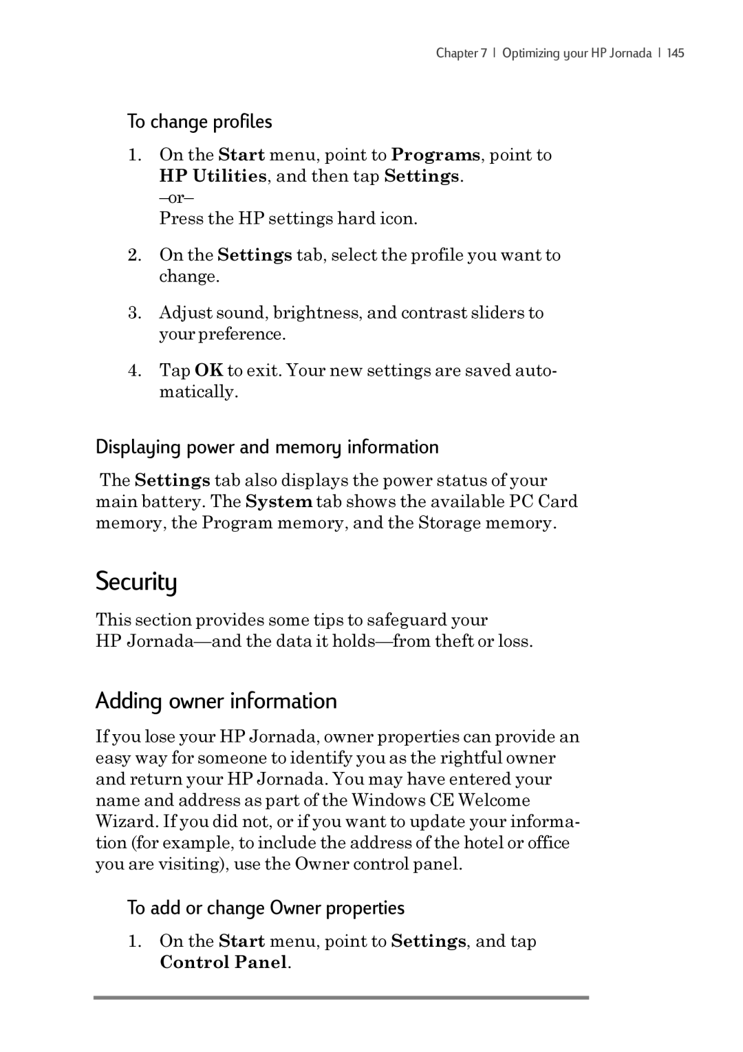 iSimple 680/680e manual Security, Adding owner information, To change profiles, Displaying power and memory information 