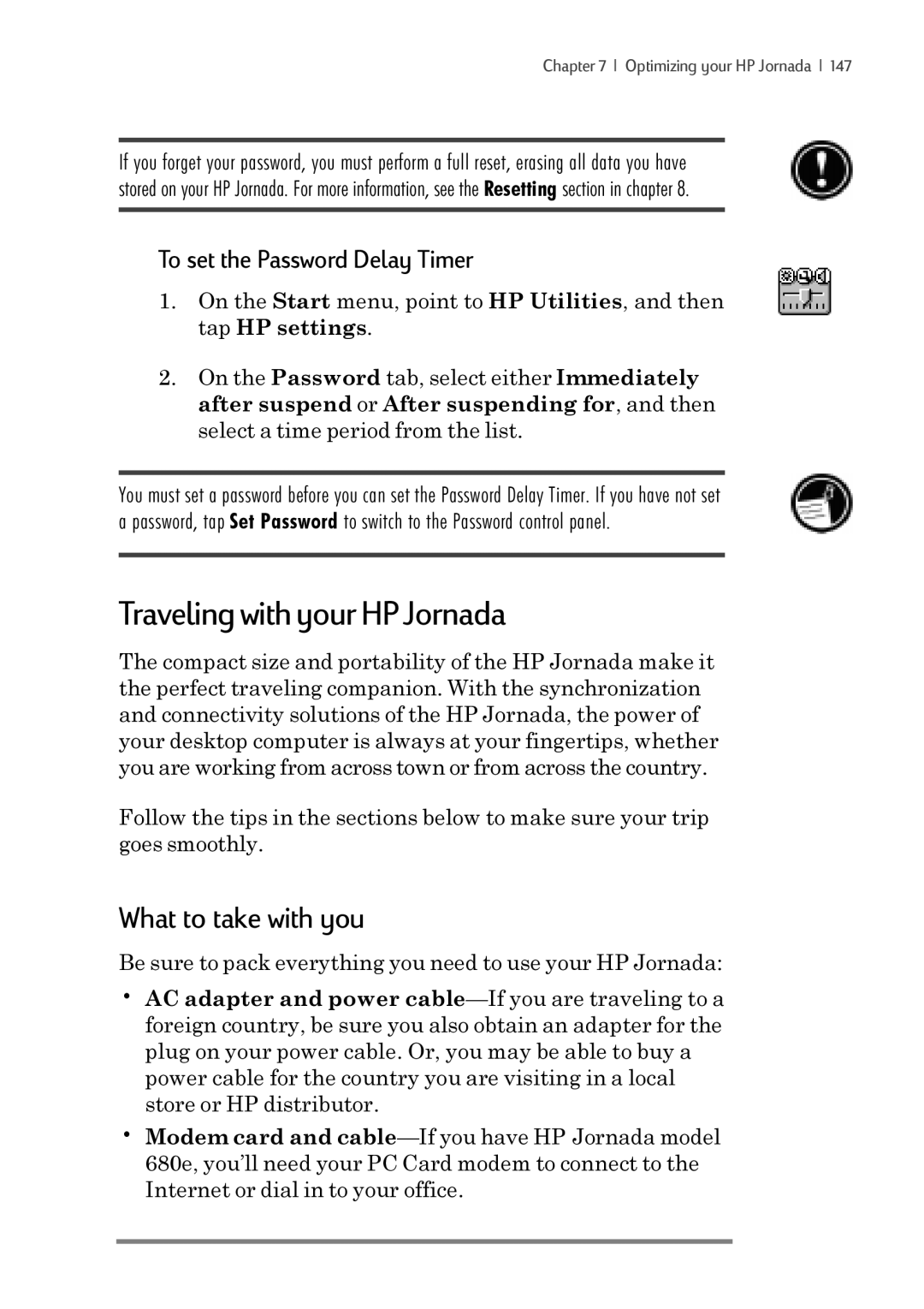 iSimple 680/680e manual Traveling with your HP Jornada, What to take with you, To set the Password Delay Timer 