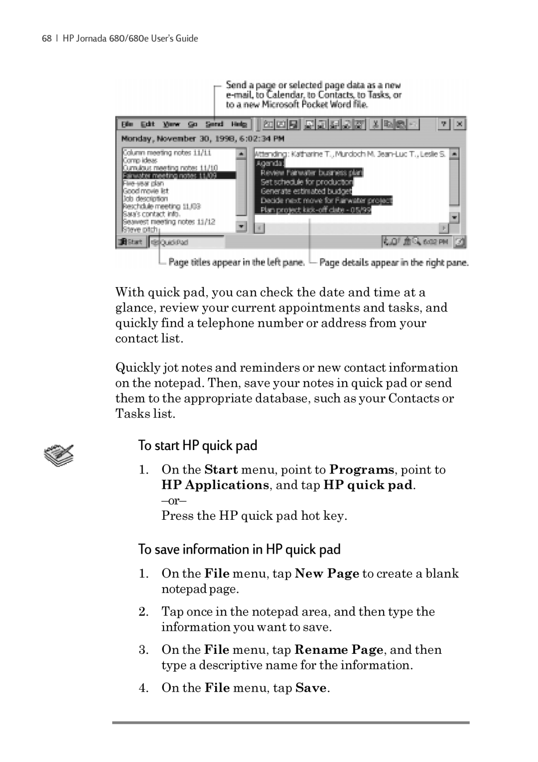 iSimple 680/680e manual To start HP quick pad, To save information in HP quick pad 