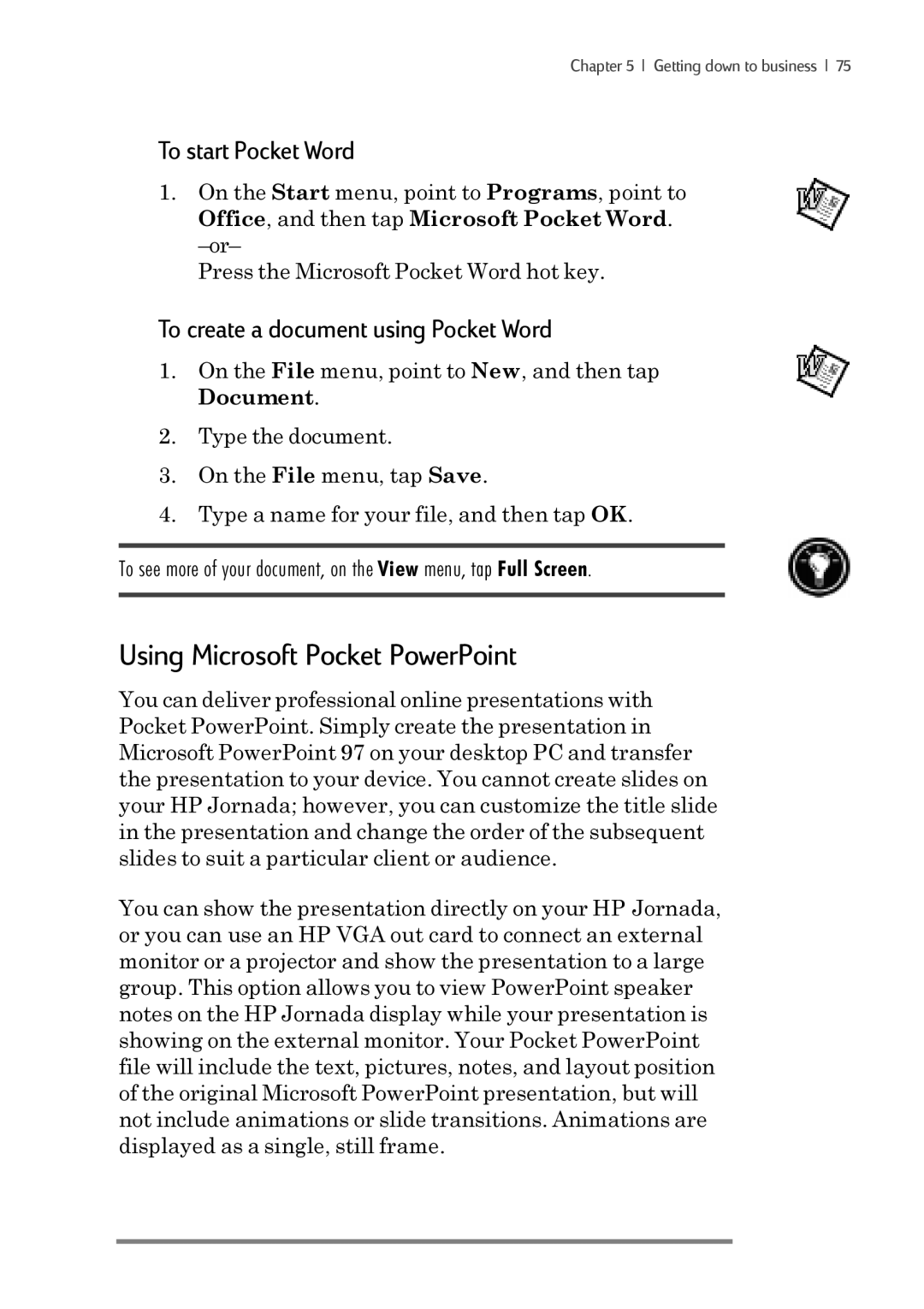 iSimple 680/680e manual Using Microsoft Pocket PowerPoint, To start Pocket Word, To create a document using Pocket Word 