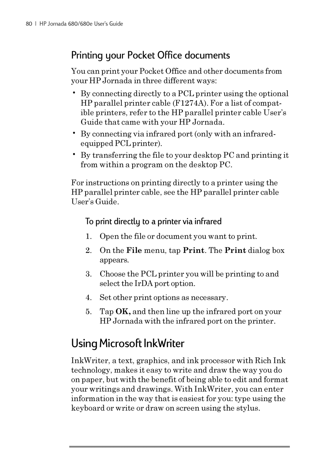 iSimple 680/680e manual Using Microsoft InkWriter, Printing your Pocket Office documents 