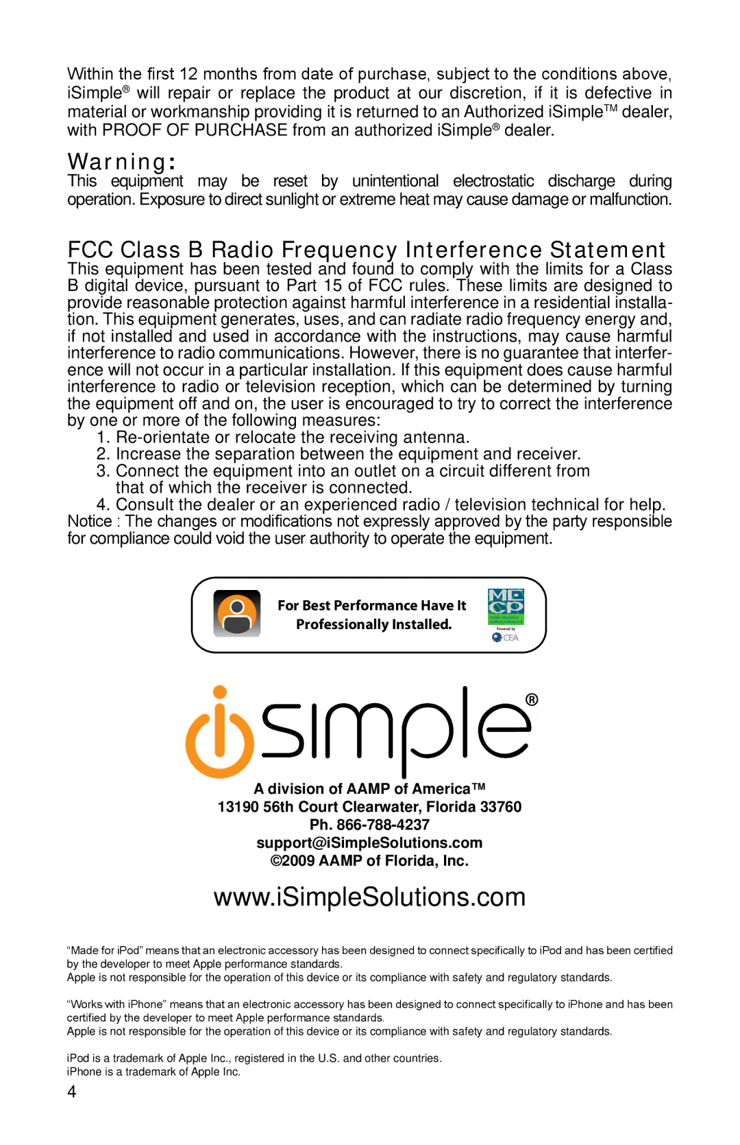 iSimple Car Stereo System owner manual FCC Class B Radio Frequency Interference Statement 