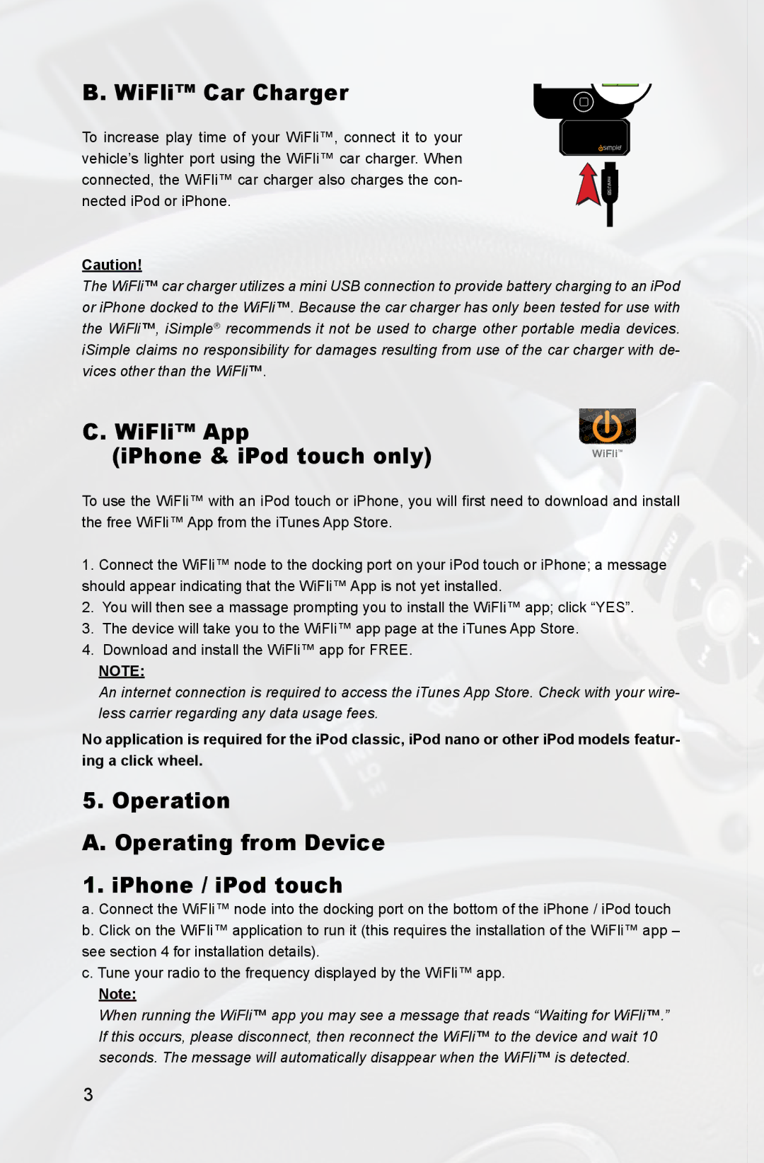 iSimple IS713 manual WiFli Car Charger, WiFli App IPhone & iPod touch only 