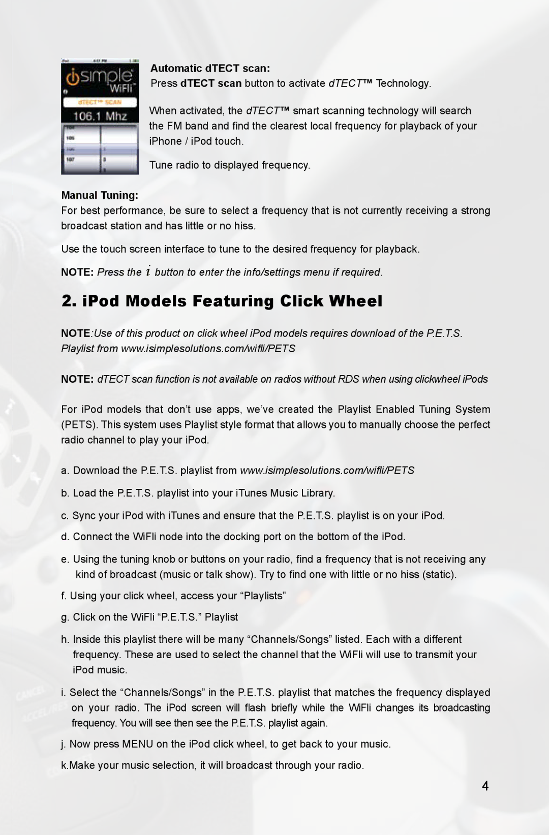 iSimple IS713 manual IPod Models Featuring Click Wheel, Automatic dTECT scan 