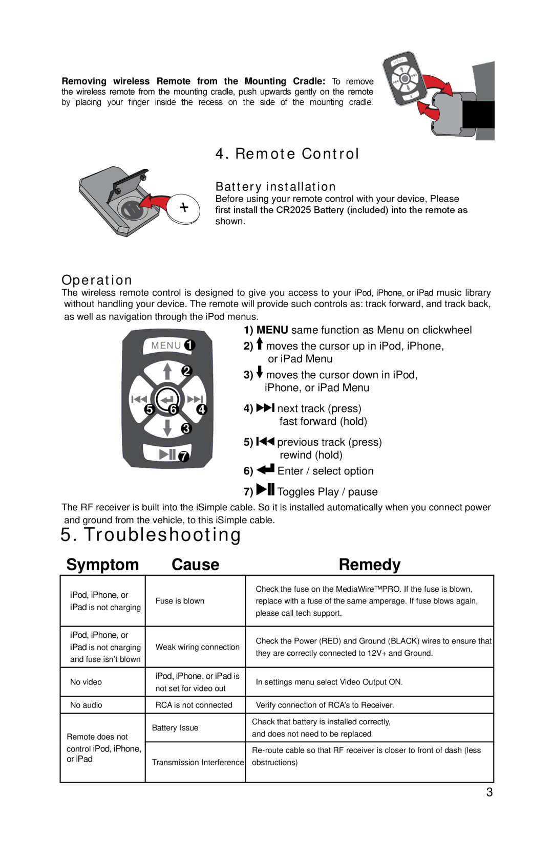 iSimple IS76PRO owner manual Troubleshooting, Symptom Cause Remedy, Remote Control, Battery installation 