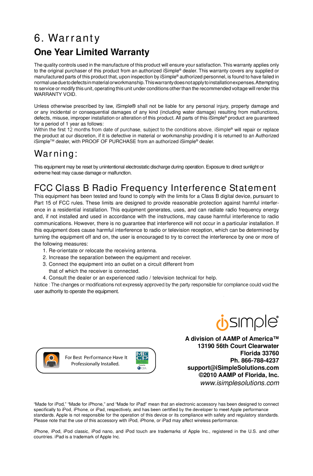 iSimple IS76PRO owner manual One Year Limited Warranty, FCC Class B Radio Frequency Interference Statement 