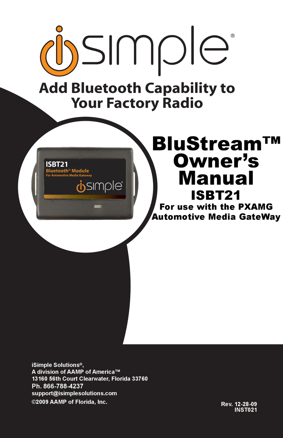 iSimple ISBT21 owner manual BluStream Owner’s Manual, For use with the Pxamg Automotive Media GateWay 