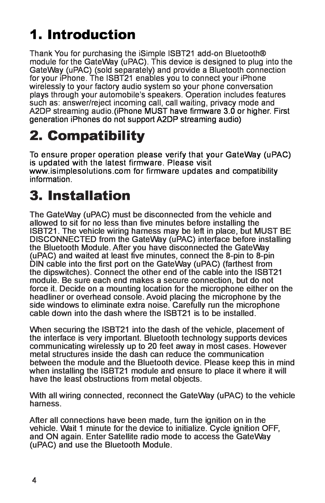 iSimple ISBT21 owner manual Introduction, Compatibility, Installation 
