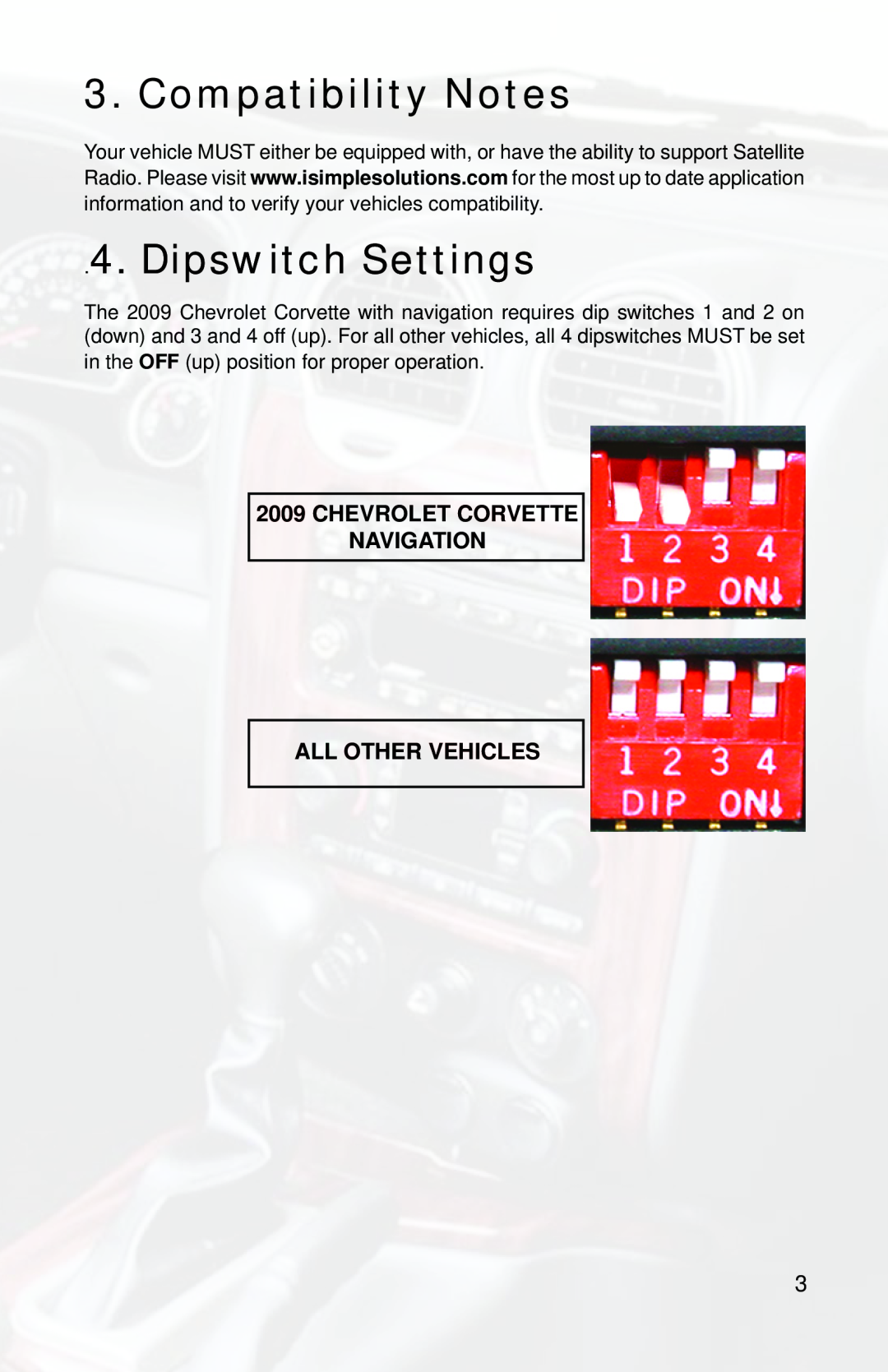 iSimple PGHGM5, ISGM11 Compatibility Notes, Dipswitch Settings, Chevrolet Corvette NAVIGATION, All Other Vehicles 