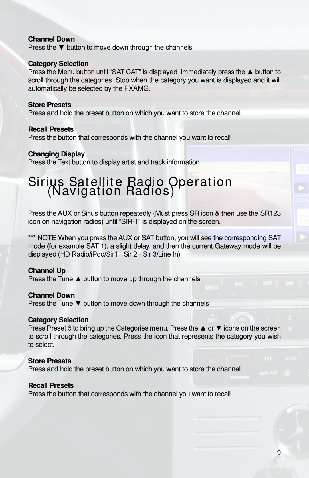 iSimple PGHFD1 owner manual Sirius Satellite Radio Operation Navigation Radios 