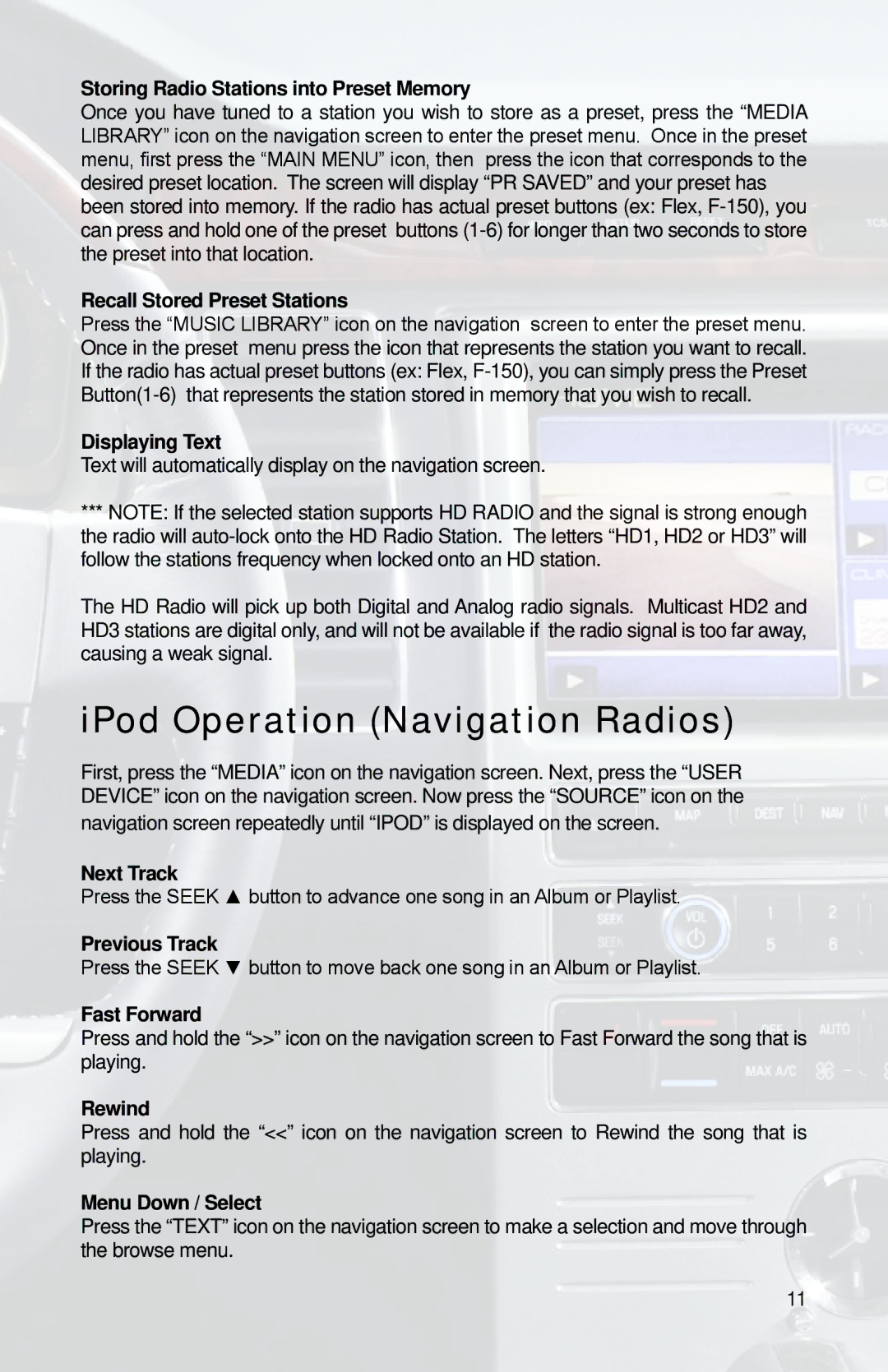 iSimple PGHFD1 owner manual IPod Operation Navigation Radios, Storing Radio Stations into Preset Memory 