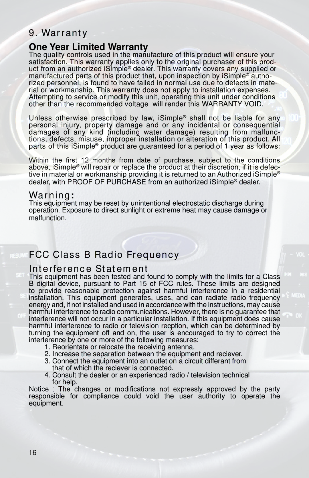 iSimple PGHFD1 owner manual Warranty One Year Limited Warranty, FCC Class B Radio Frequency Interference Statement 