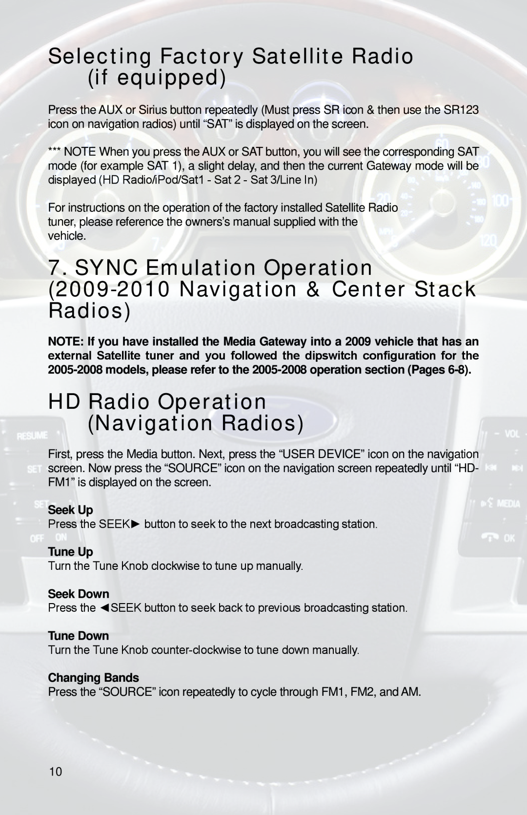 iSimple PGHFD1 Selecting Factory Satellite Radio if equipped, SYNC Emulation Operation, Seek Up, Tune Up, Seek Down 