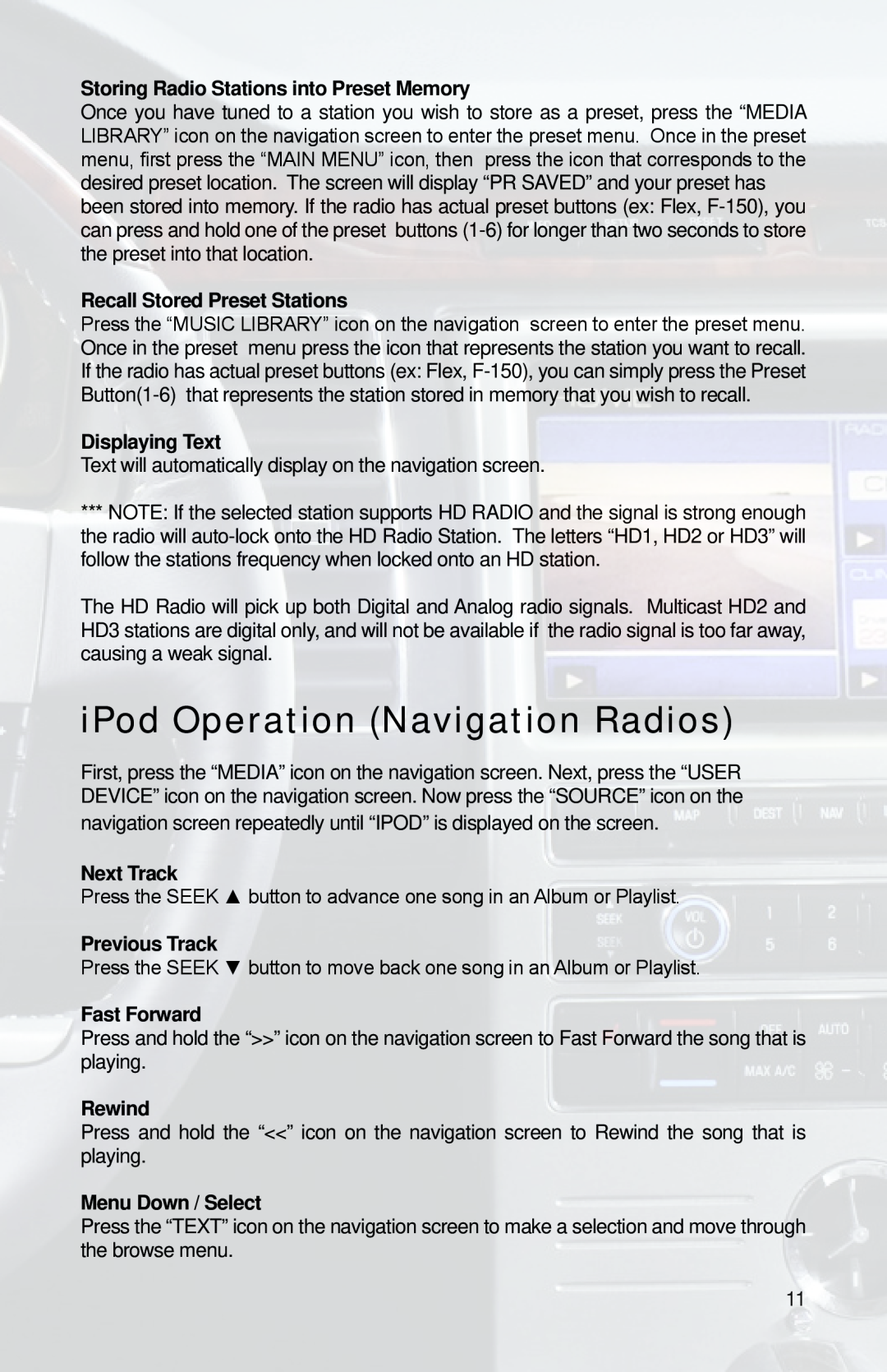 iSimple PGHFD1 owner manual iPod Operation Navigation Radios 