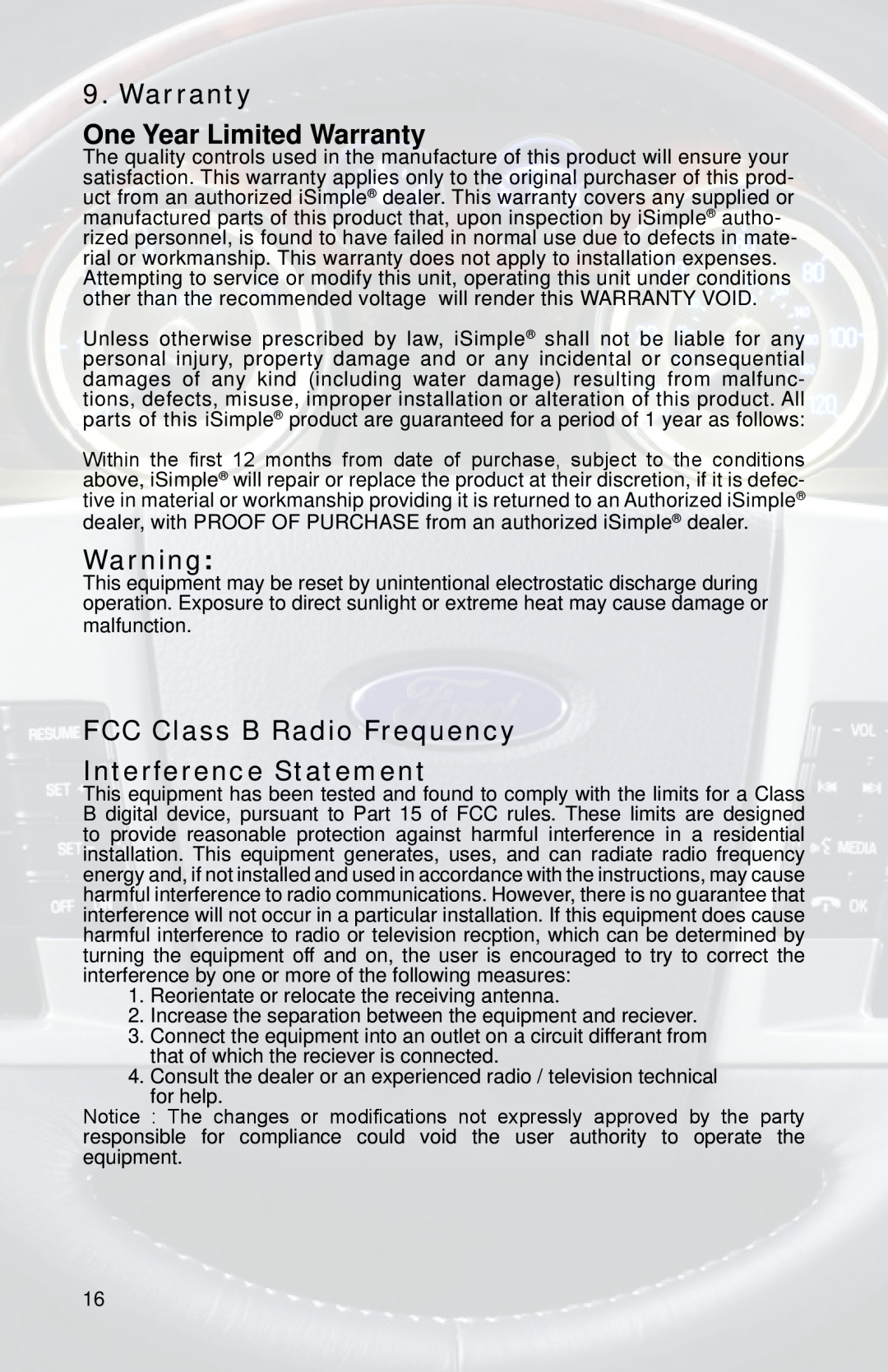 iSimple PGHFD1 owner manual Warranty One Year Limited Warranty, FCC Class B Radio Frequency, Interference Statement 