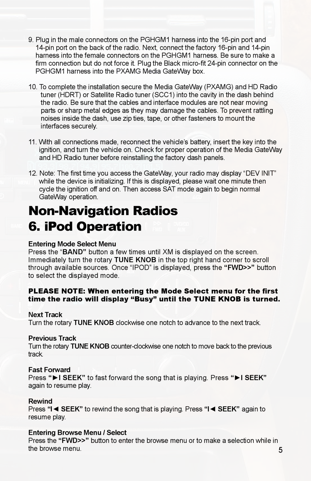 iSimple PXAMG, PGHGM1 owner manual Non-Navigation Radios IPod Operation 