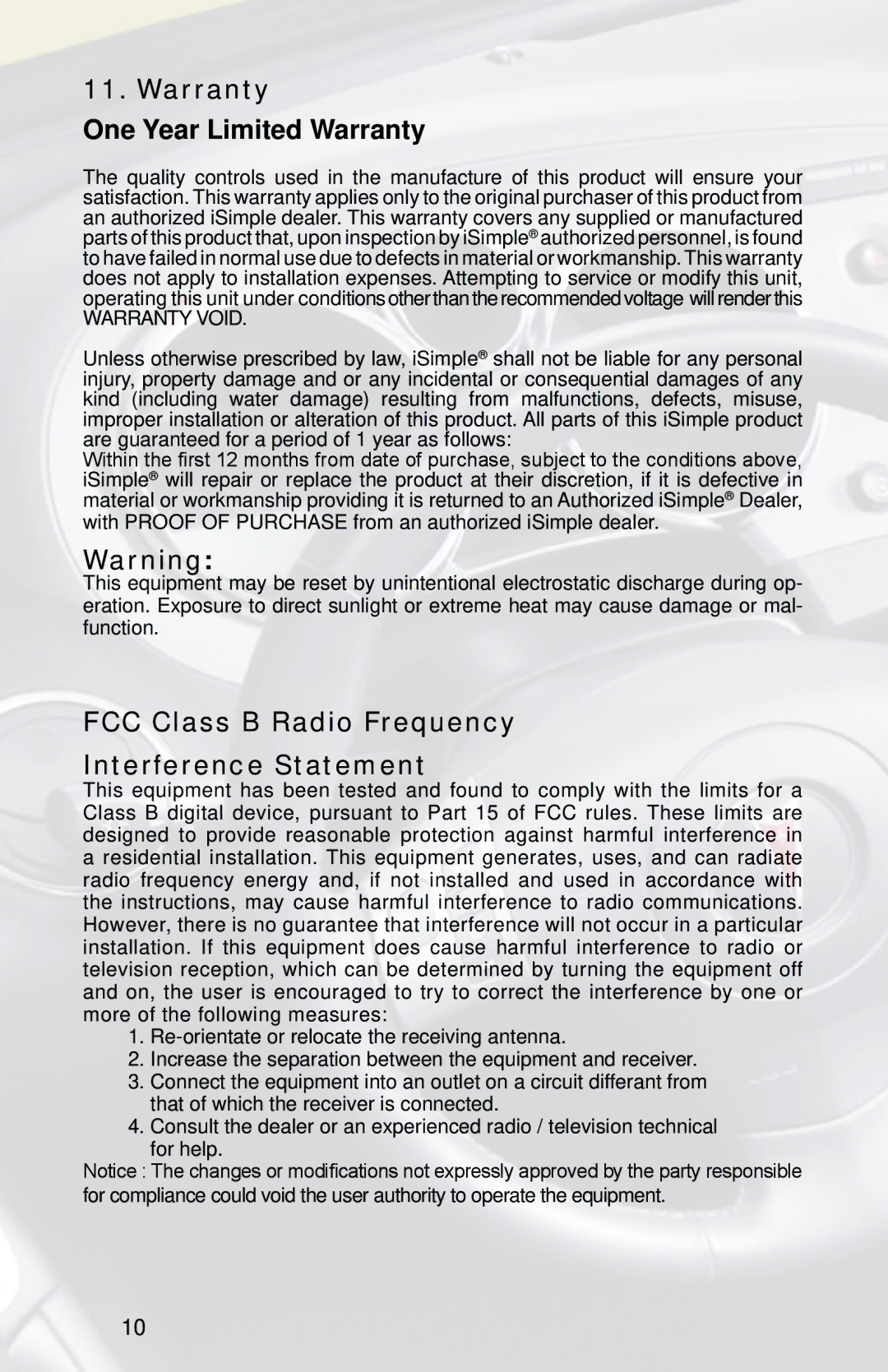 iSimple PGHGM2, PXAMG owner manual Warranty One Year Limited Warranty 