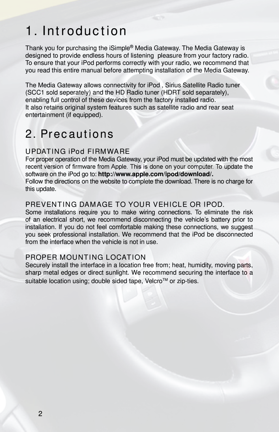 iSimple PGHGM2, PXAMG Introduction, Precautions, UPDATING iPod FIRMWARE, PREVENTING DAMAGE TO YOUR VEHICLE OR iPod 