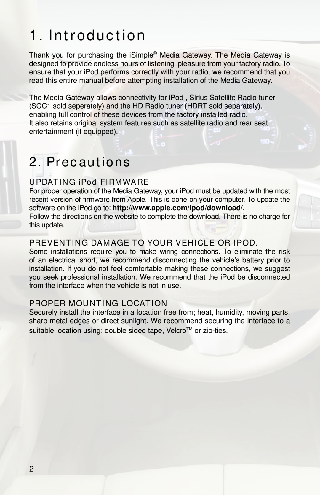 iSimple PGHGM4 owner manual Introduction, Precautions, UPDATING iPod FIRMWARE, PREVENTING DAMAGE TO YOUR VEHICLE OR iPod 