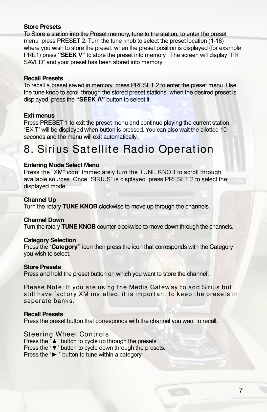 iSimple PGHGM4 owner manual Sirius Satellite Radio Operation, Steering Wheel Controls 