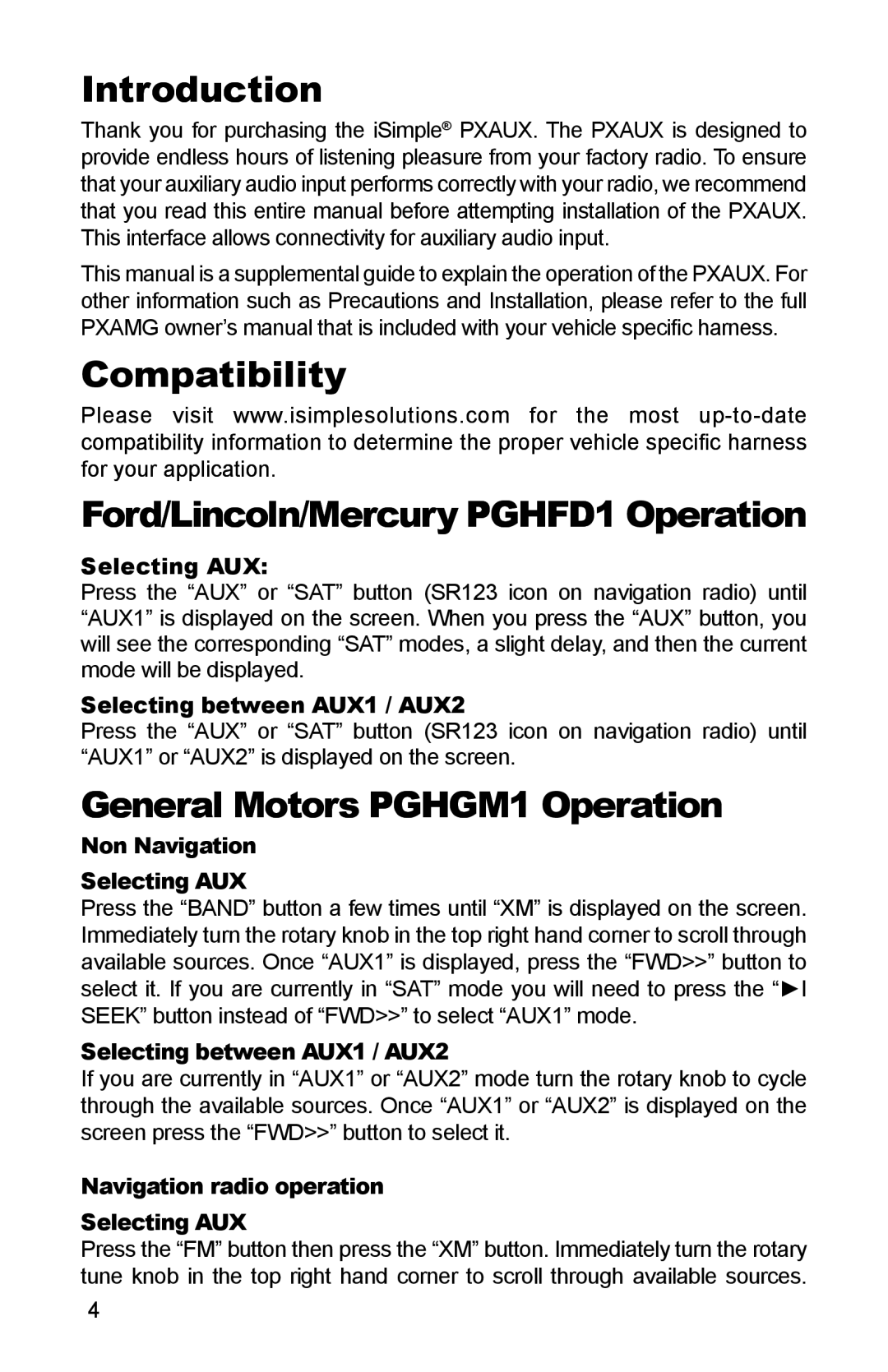 iSimple PGHHD1, PGHGM5 Introduction, Compatibility Ford/Lincoln/Mercury PGHFD1 Operation, General Motors PGHGM1 Operation 