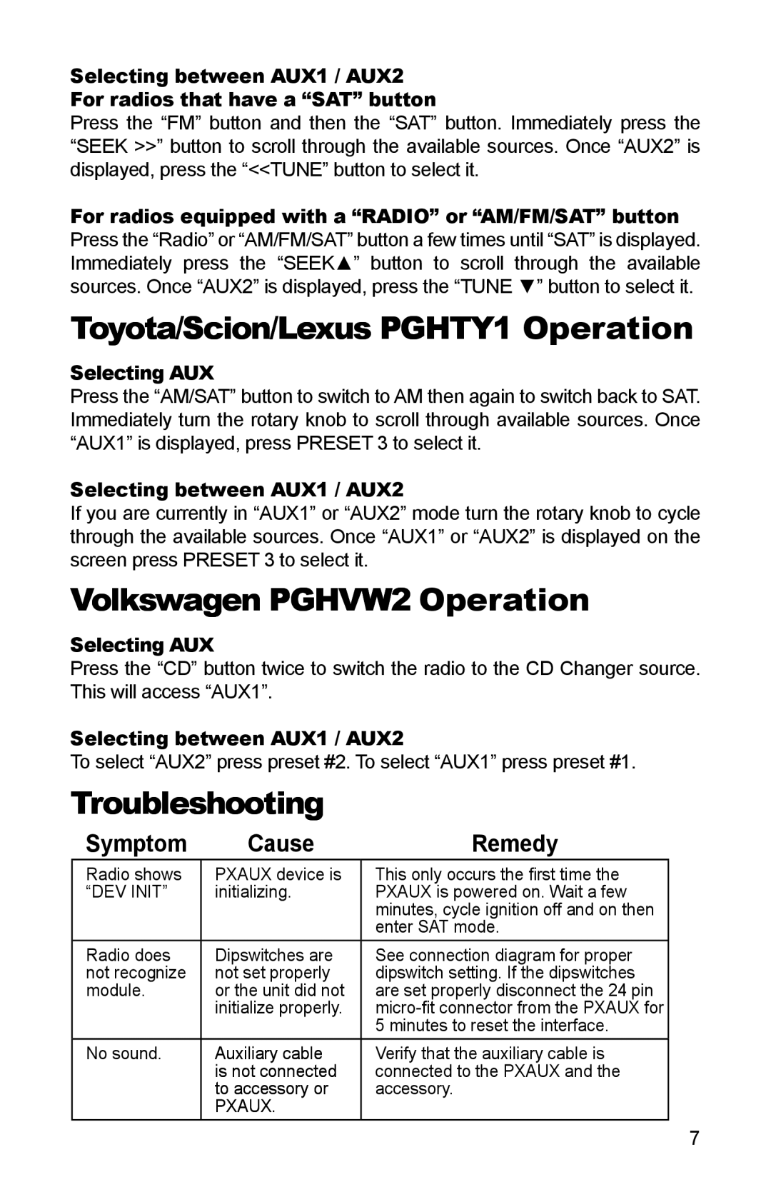 iSimple PGHGM3 Toyota/Scion/Lexus PGHTY1 Operation, Volkswagen PGHVW2 Operation, Troubleshooting, Symptom Cause Remedy 