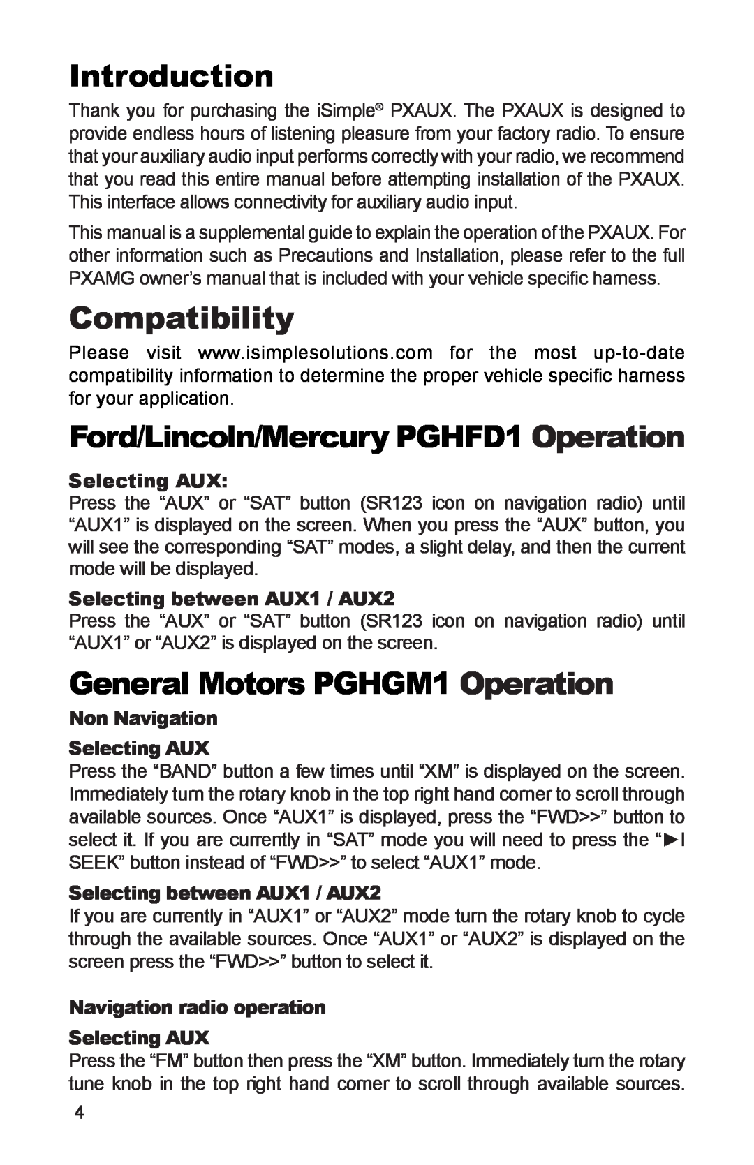 iSimple PGHHD1, PGHGM5 Introduction, Compatibility, Ford/Lincoln/Mercury PGHFD1 Operation, General Motors PGHGM1 Operation 