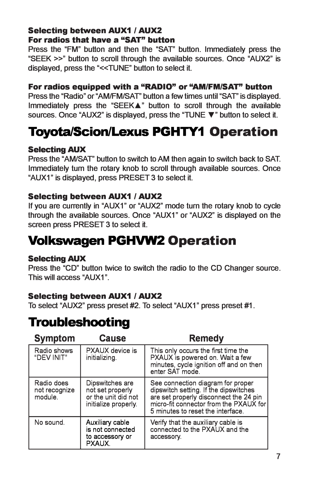 iSimple PGHGM3 Toyota/Scion/Lexus PGHTY1 Operation, Volkswagen PGHVW2 Operation, Troubleshooting, Symptom, Cause, Remedy 