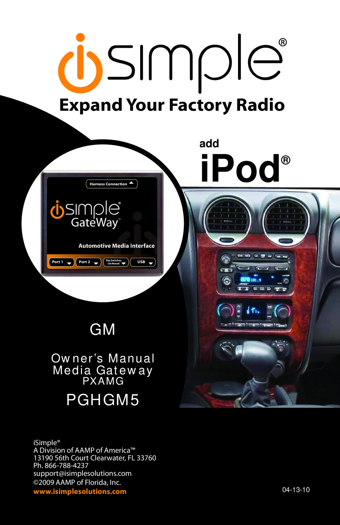 iSimple PGHHY1 owner manual Pxaux, For use with, PGHFD1 PGHGM1 PGHGM2 PGHGM3 PGHGM4 PGHGM5 PGHHD1, AAMP of Florida, Inc 