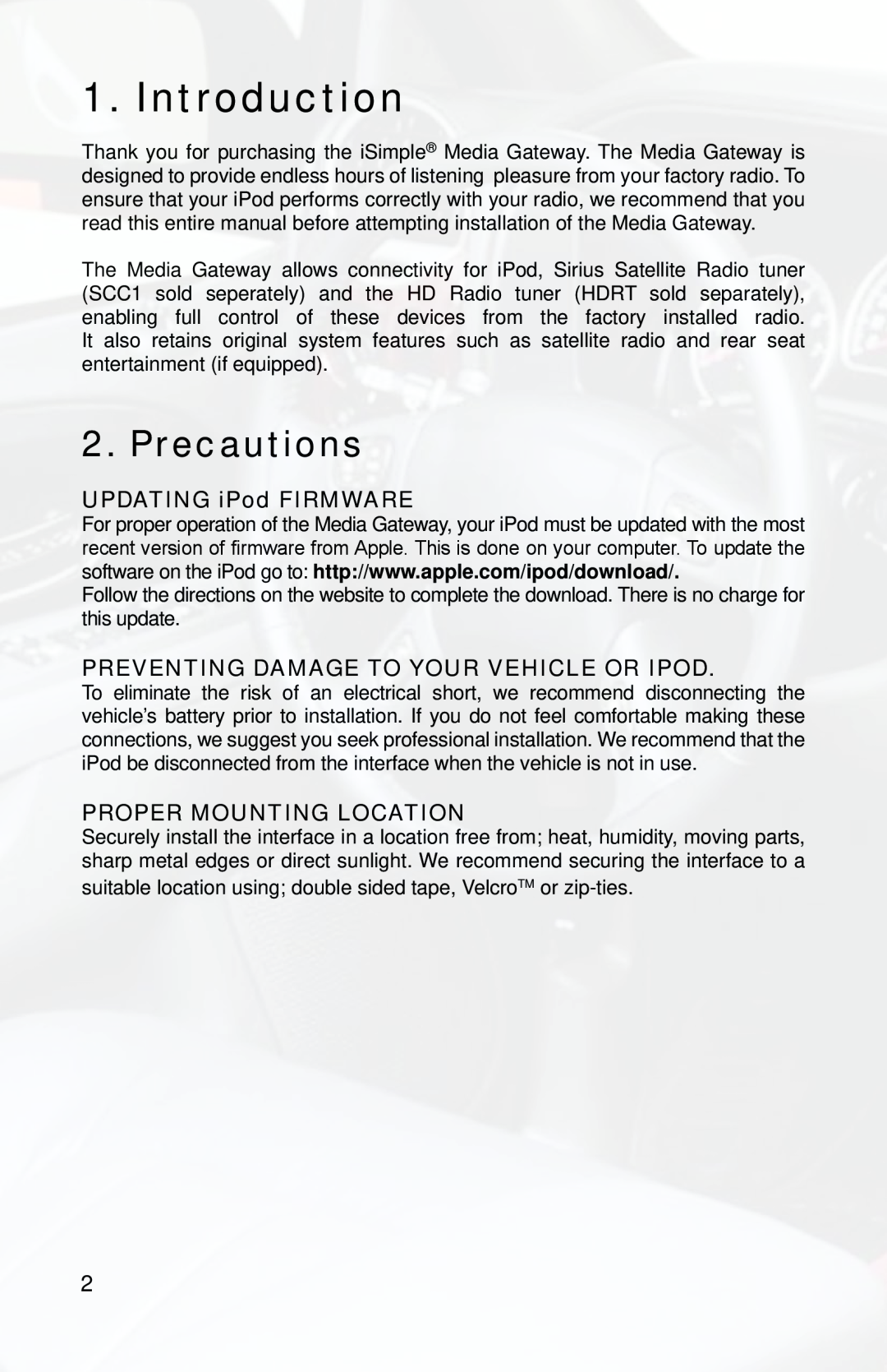 iSimple PGHGM5, PXAMG Introduction, Precautions, UPDATING iPod FIRMWARE, PREVENTING DAMAGE TO YOUR VEHICLE OR iPod 