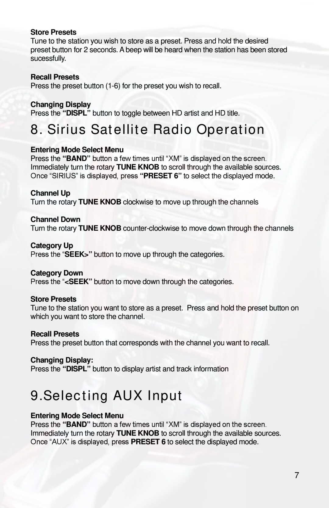 iSimple PXAMG, PGHGM5 owner manual Sirius Satellite Radio Operation, Selecting AUX Input 
