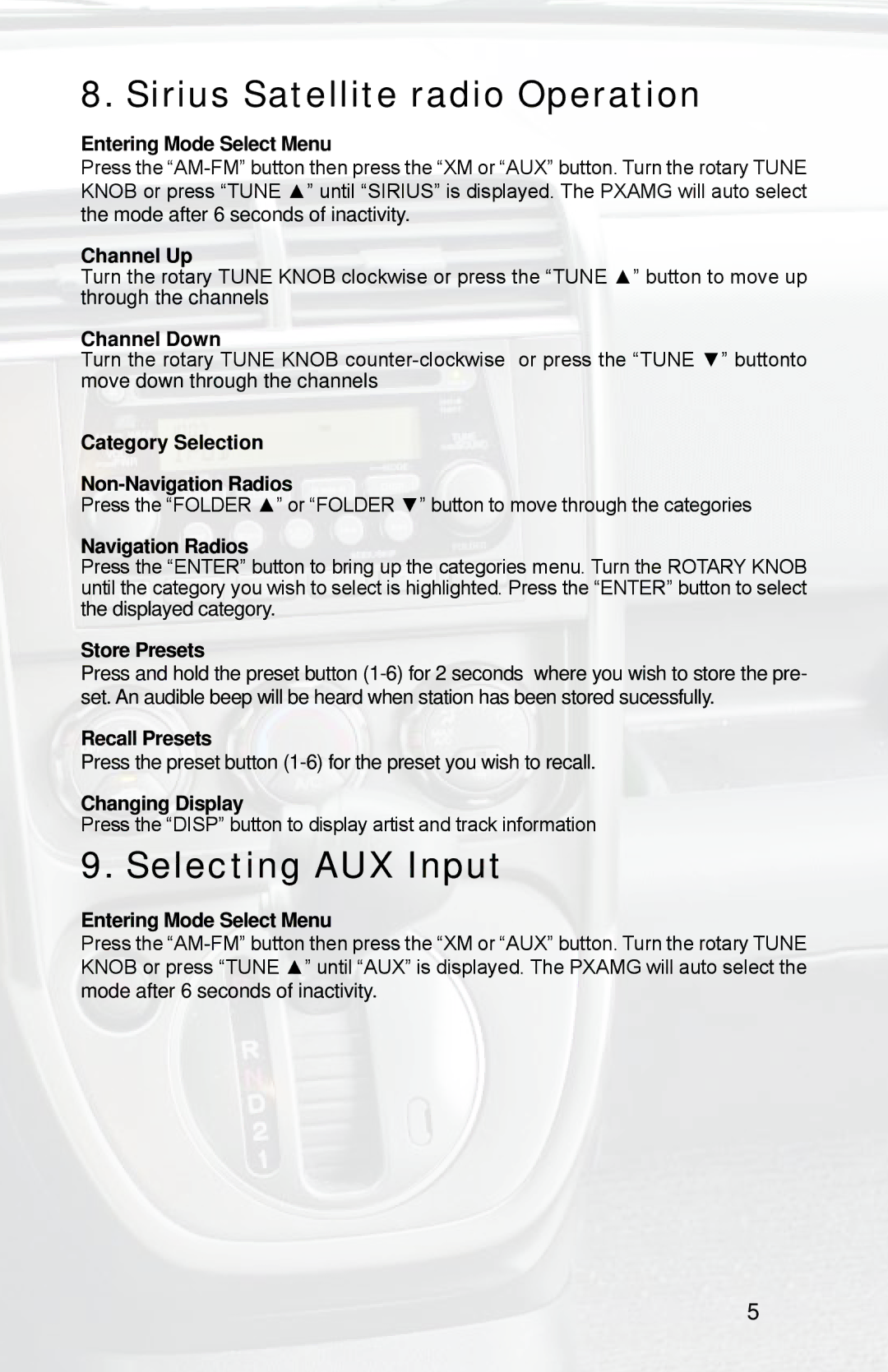 iSimple ISHD11, PGHHD1 owner manual Sirius Satellite radio Operation, Selecting AUX Input 