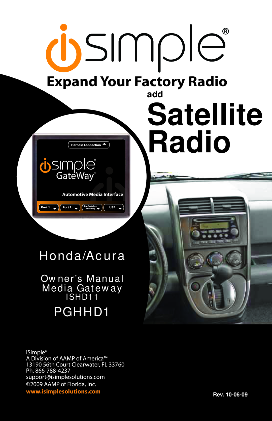 iSimple ISHD11 owner manual Satellite Radio, Owner’sManual, Expand Your Factory Radio, Honda/Acura, Pxamg, iSimple, Rev 