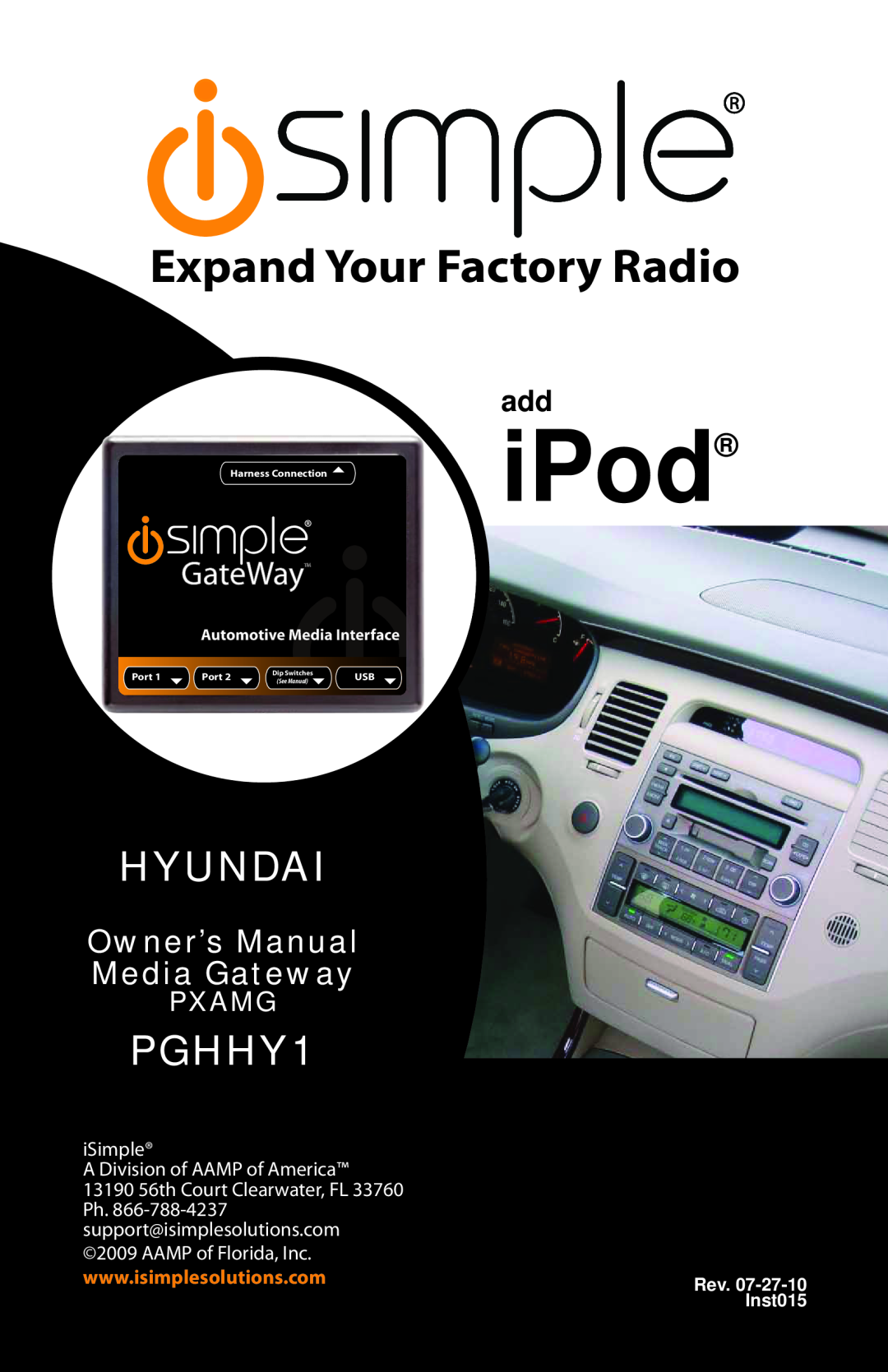 iSimple PGHHY1 owner manual iPod, Expand Your Factory Radio, Hyundai, Pxamg, iSimple A Division of AAMP of America, Rev 