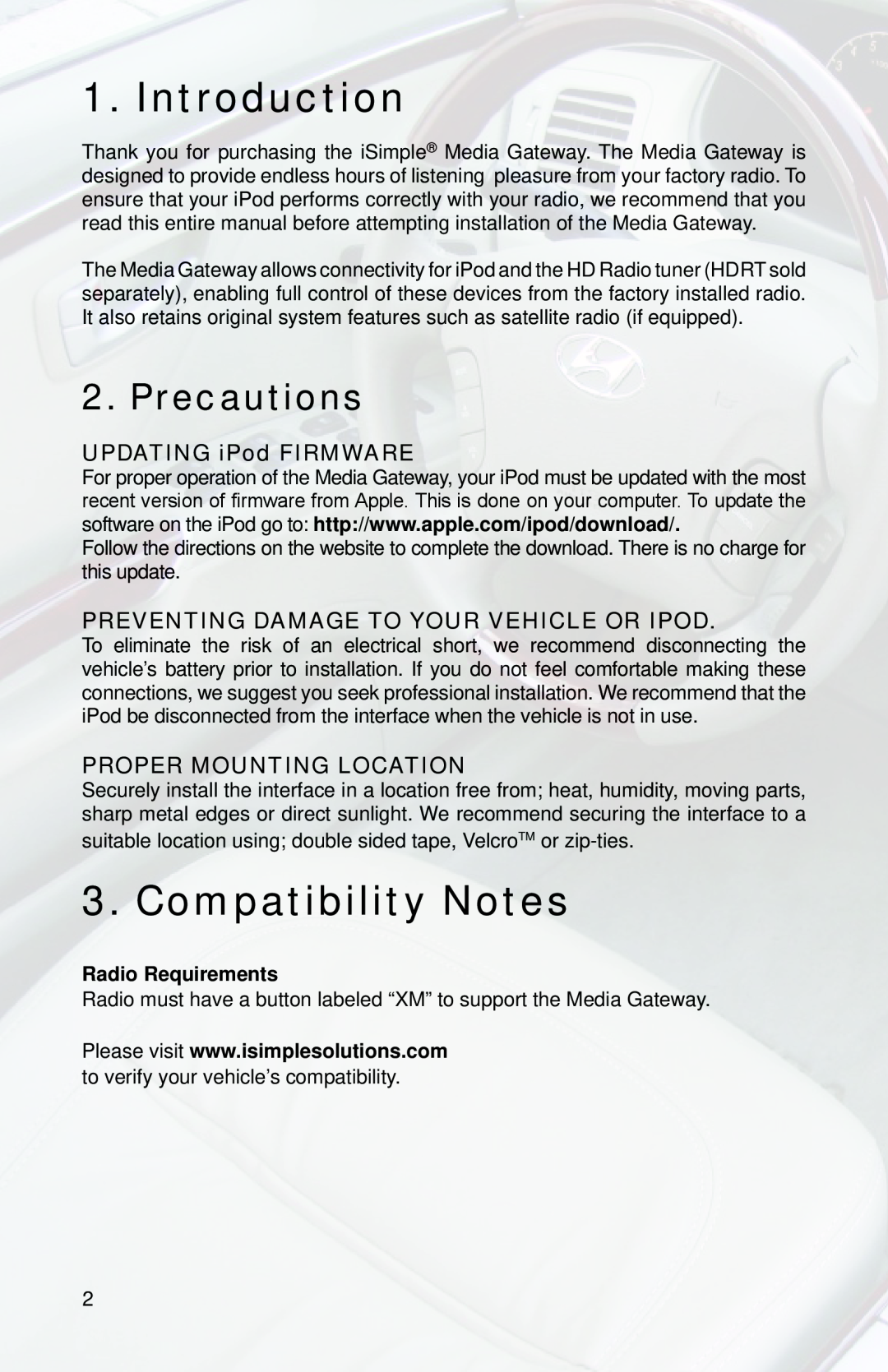 iSimple PGHHY1 Introduction, Compatibility Notes, Precautions, UPDATING iPod FIRMWARE, Proper Mounting Location 