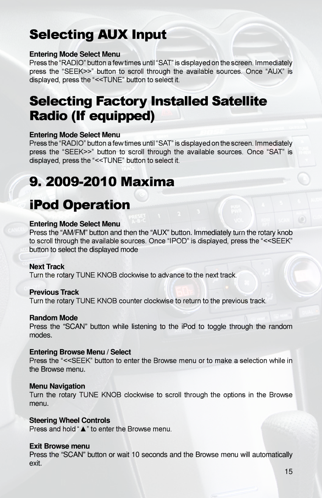 iSimple PGHNI2 owner manual Selecting AUX Input, Maxima iPod Operation 