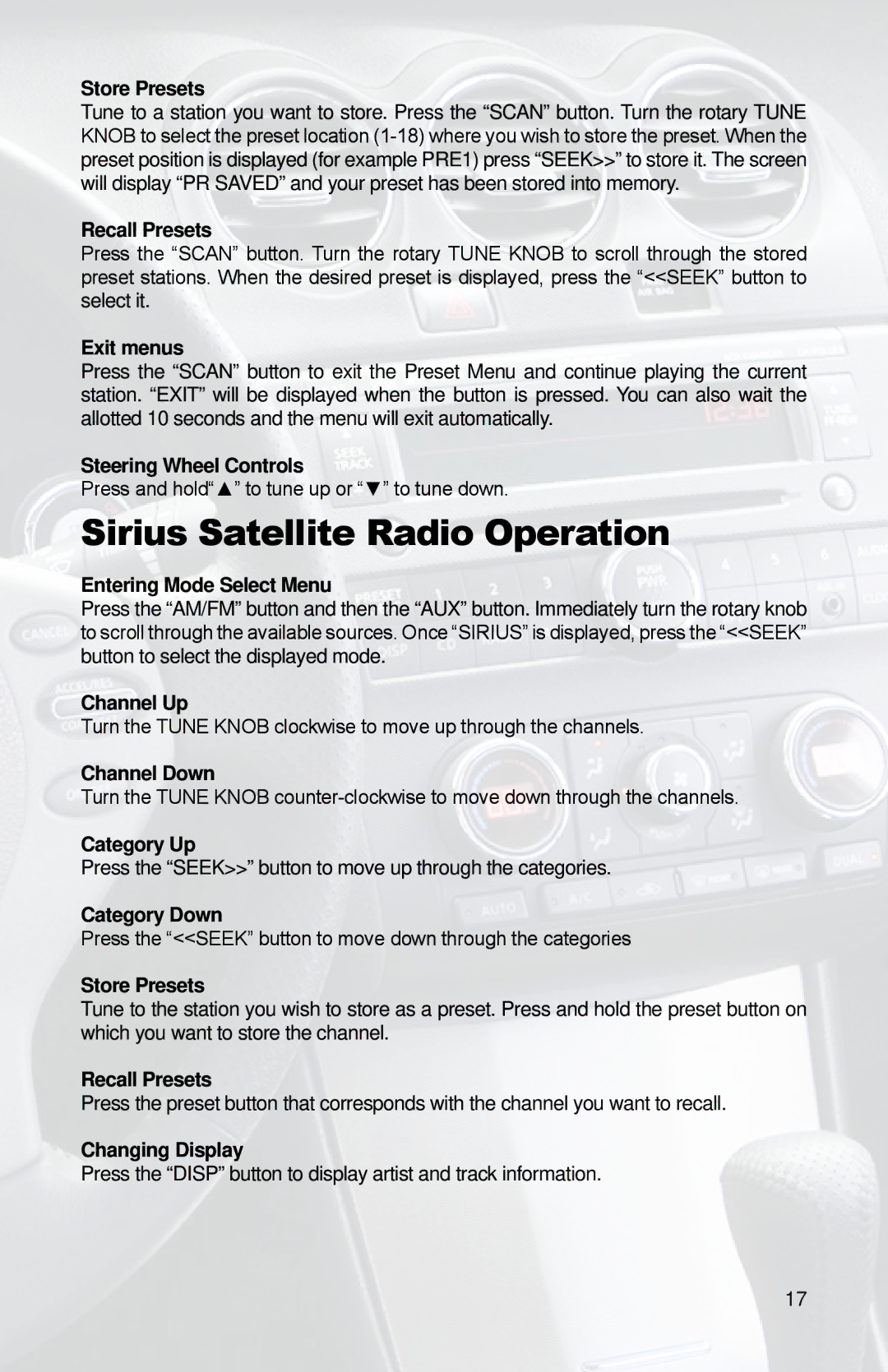 iSimple PGHNI2 owner manual Sirius Satellite Radio Operation 