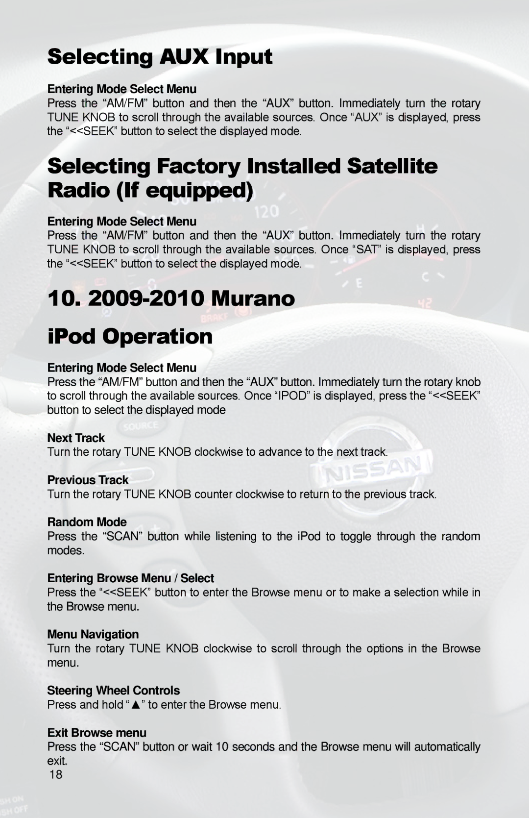 iSimple PGHNI2 owner manual Selecting AUX Input, 10 -2010 Murano iPod Operation 