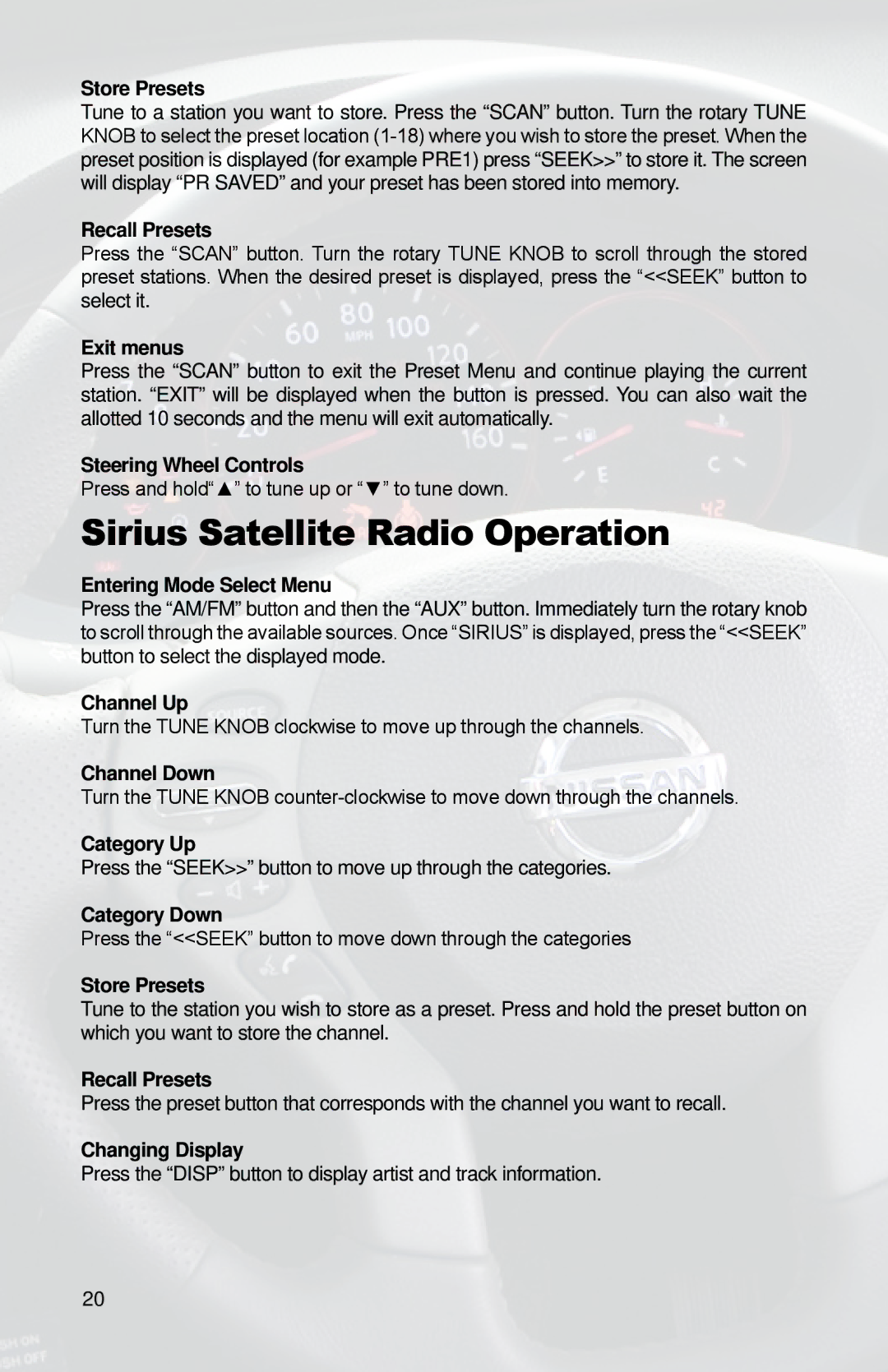 iSimple PGHNI2 owner manual Sirius Satellite Radio Operation 