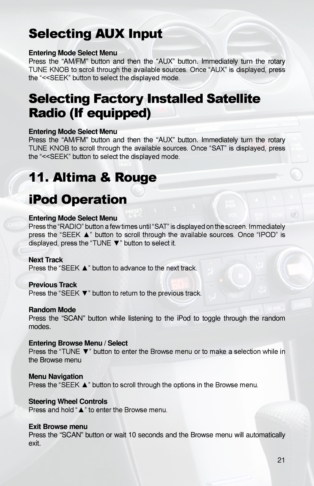 iSimple PGHNI2 owner manual Selecting AUX Input, Altima & Rouge iPod Operation 