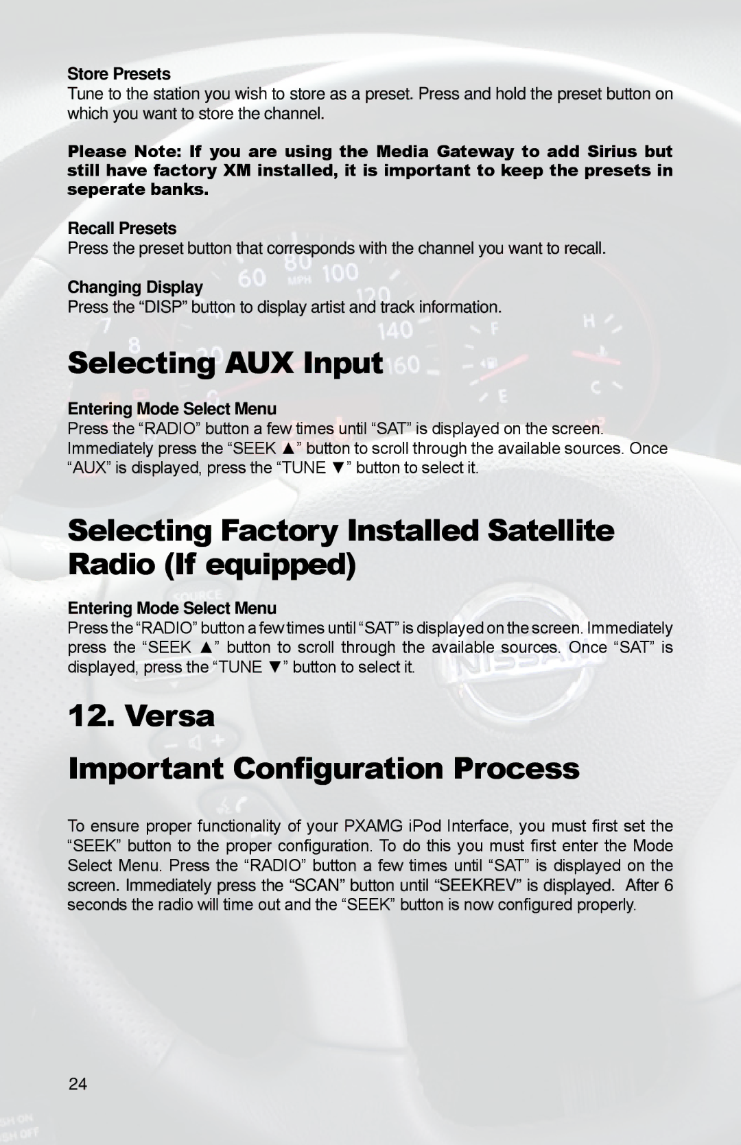 iSimple PGHNI2 owner manual Selecting AUX Input, Versa Important Configuration Process 