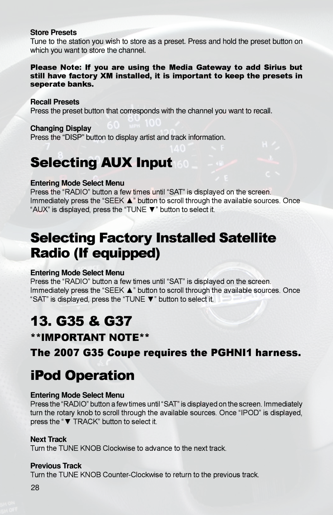 iSimple PGHNI2 owner manual Selecting AUX Input, 13. G35 & G37 