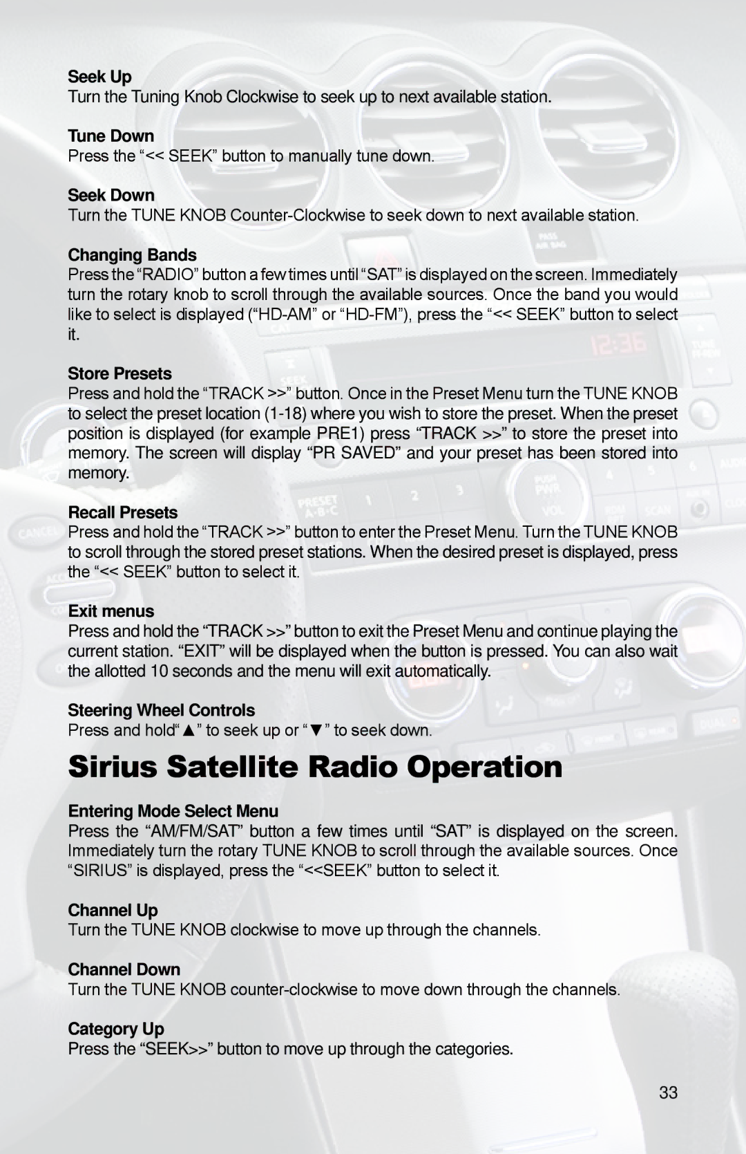 iSimple PGHNI2 owner manual Sirius Satellite Radio Operation 